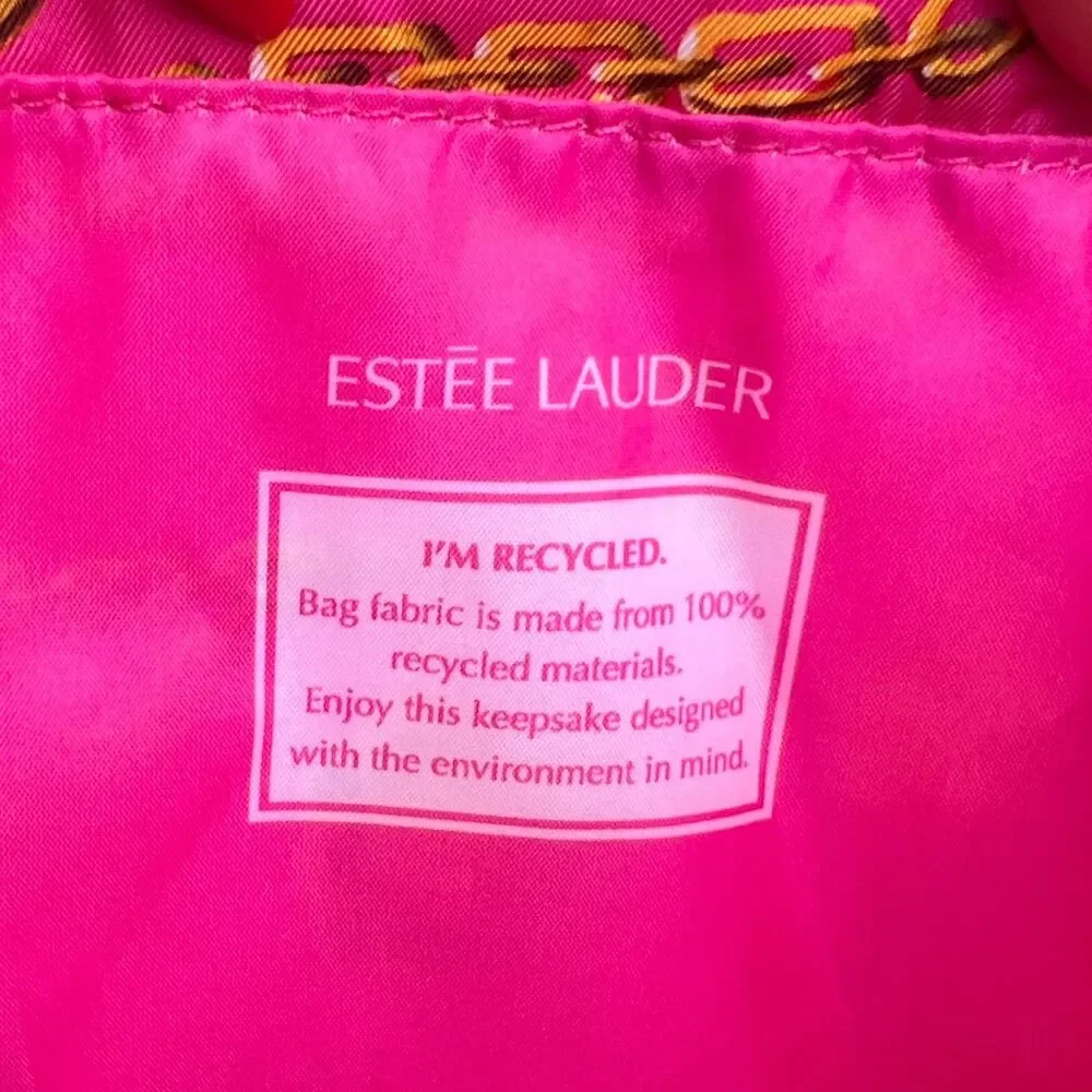 Estee Lauder Fuchsia Pink Gold Chain 90s Pattern Drawstring Makeup Bag